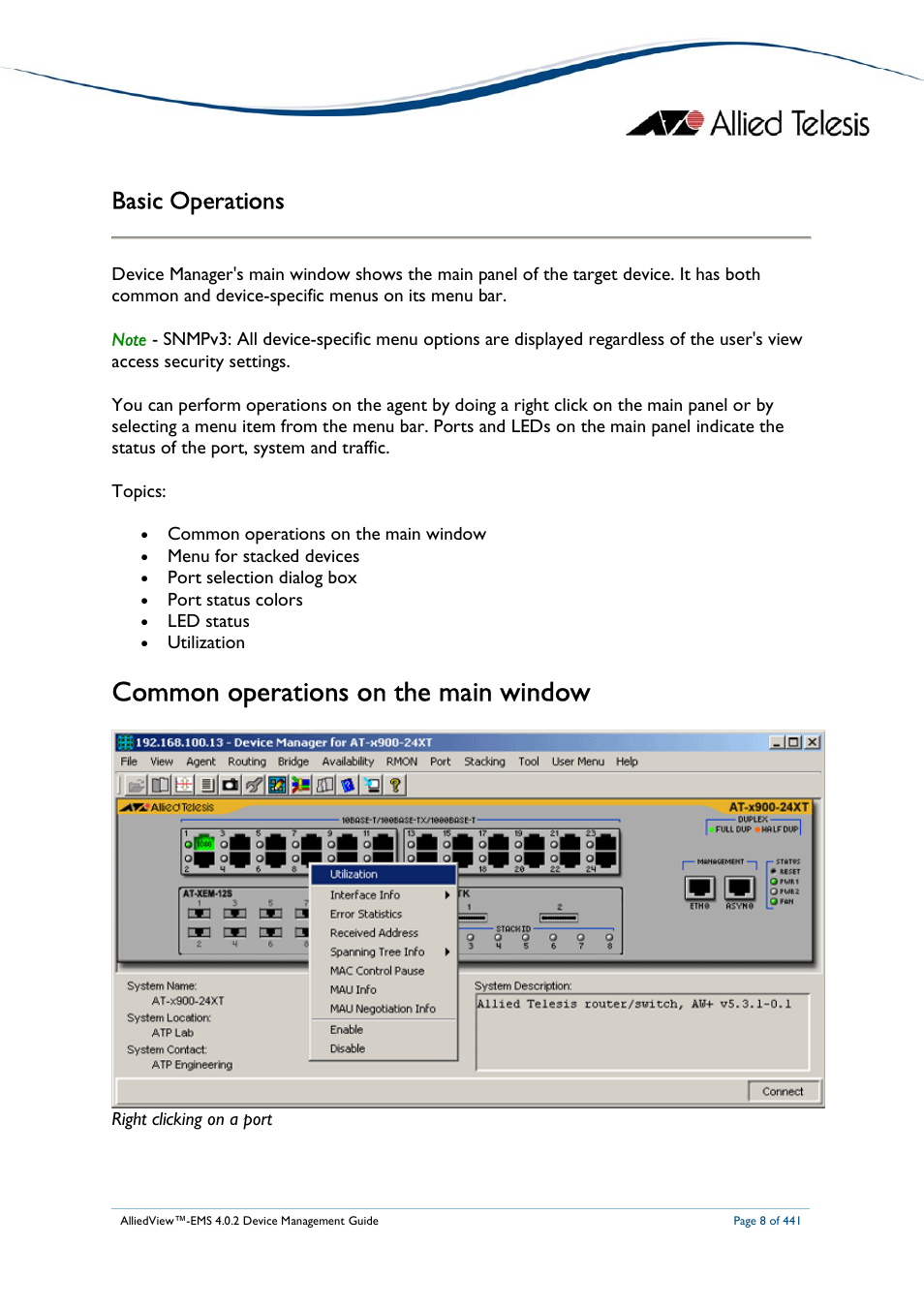 Common operations on the main window, Basic operations | Allied Telesis AlliedView-EMS 4.0.2 Device-Manager User Manual | Page 8 / 441