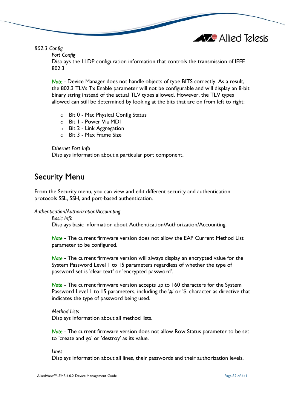 Security menu | Allied Telesis AlliedView-EMS 4.0.2 Device-Manager User Manual | Page 82 / 441