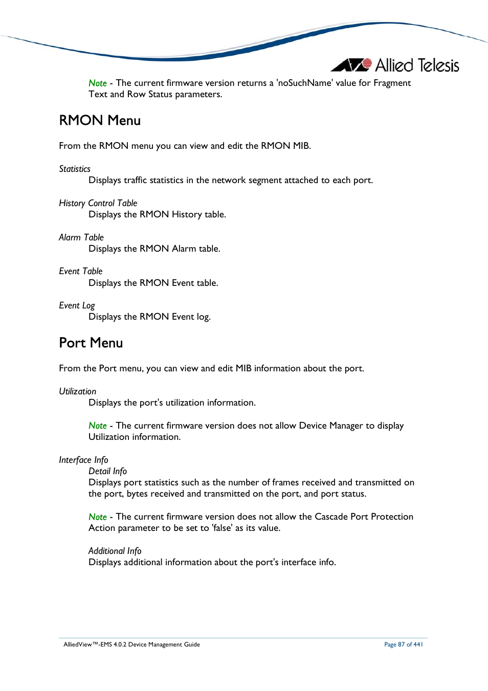 Rmon menu, Port menu | Allied Telesis AlliedView-EMS 4.0.2 Device-Manager User Manual | Page 87 / 441