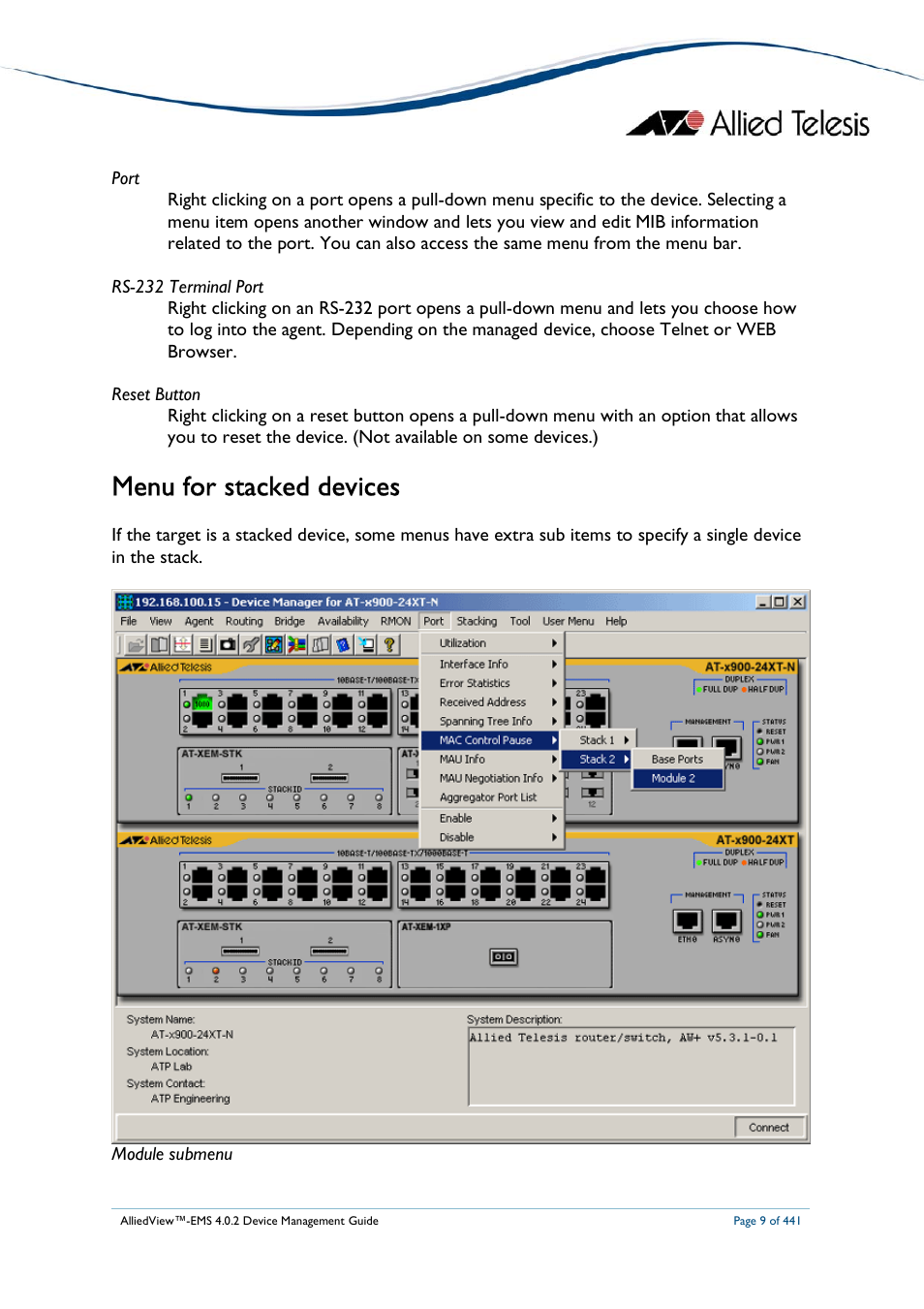 Menu for stacked devices | Allied Telesis AlliedView-EMS 4.0.2 Device-Manager User Manual | Page 9 / 441