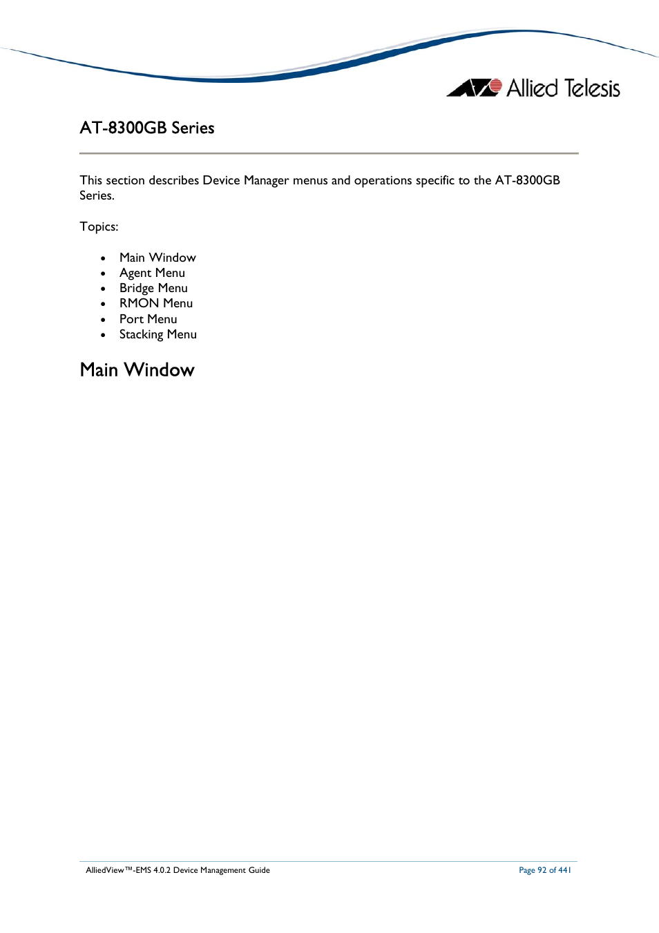 Main window, At-8300gb series | Allied Telesis AlliedView-EMS 4.0.2 Device-Manager User Manual | Page 92 / 441