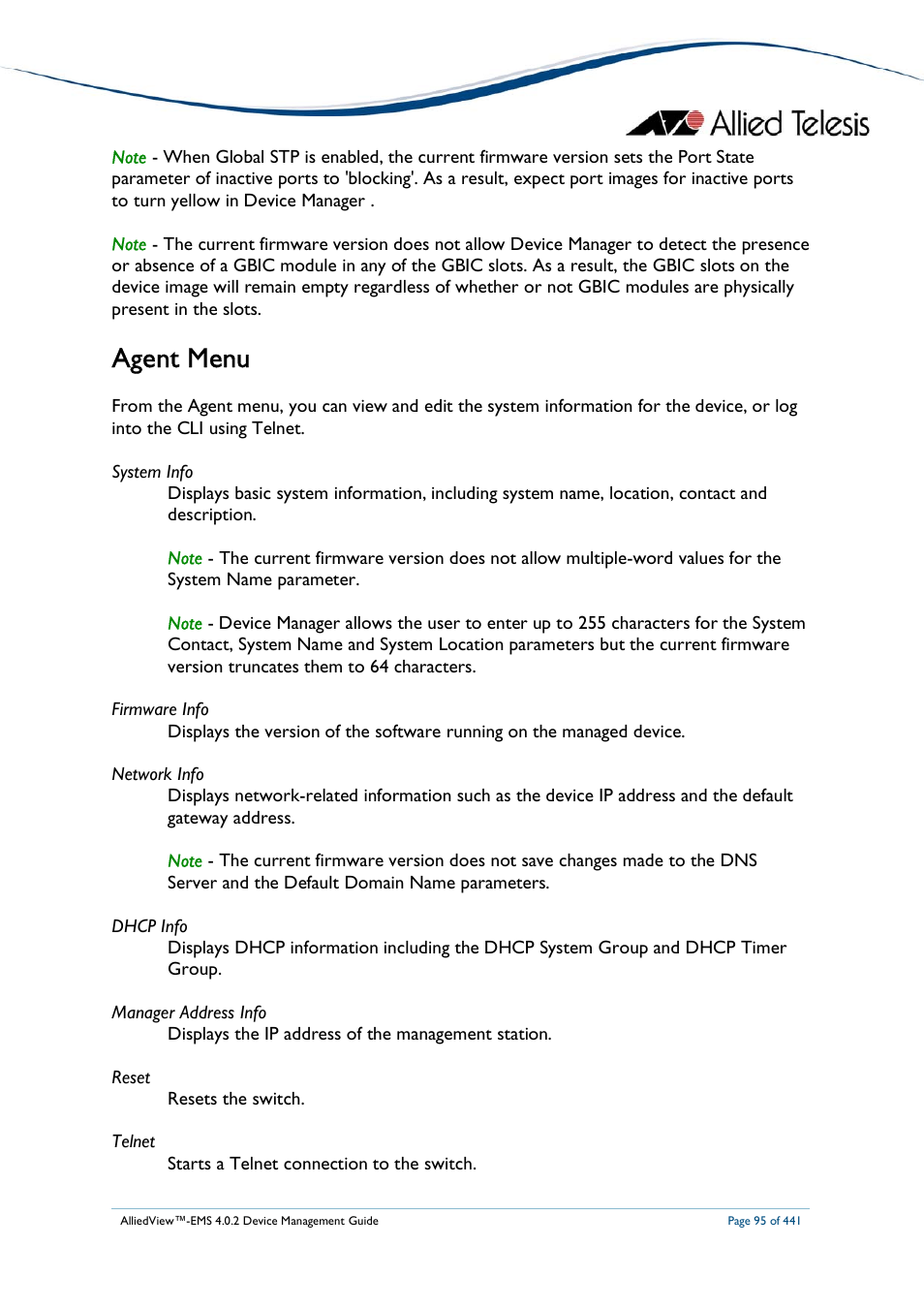 Agent menu | Allied Telesis AlliedView-EMS 4.0.2 Device-Manager User Manual | Page 95 / 441