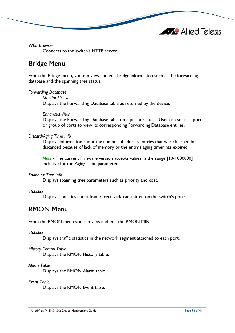 Bridge menu, Rmon menu | Allied Telesis AlliedView-EMS 4.0.2 Device-Manager User Manual | Page 96 / 441