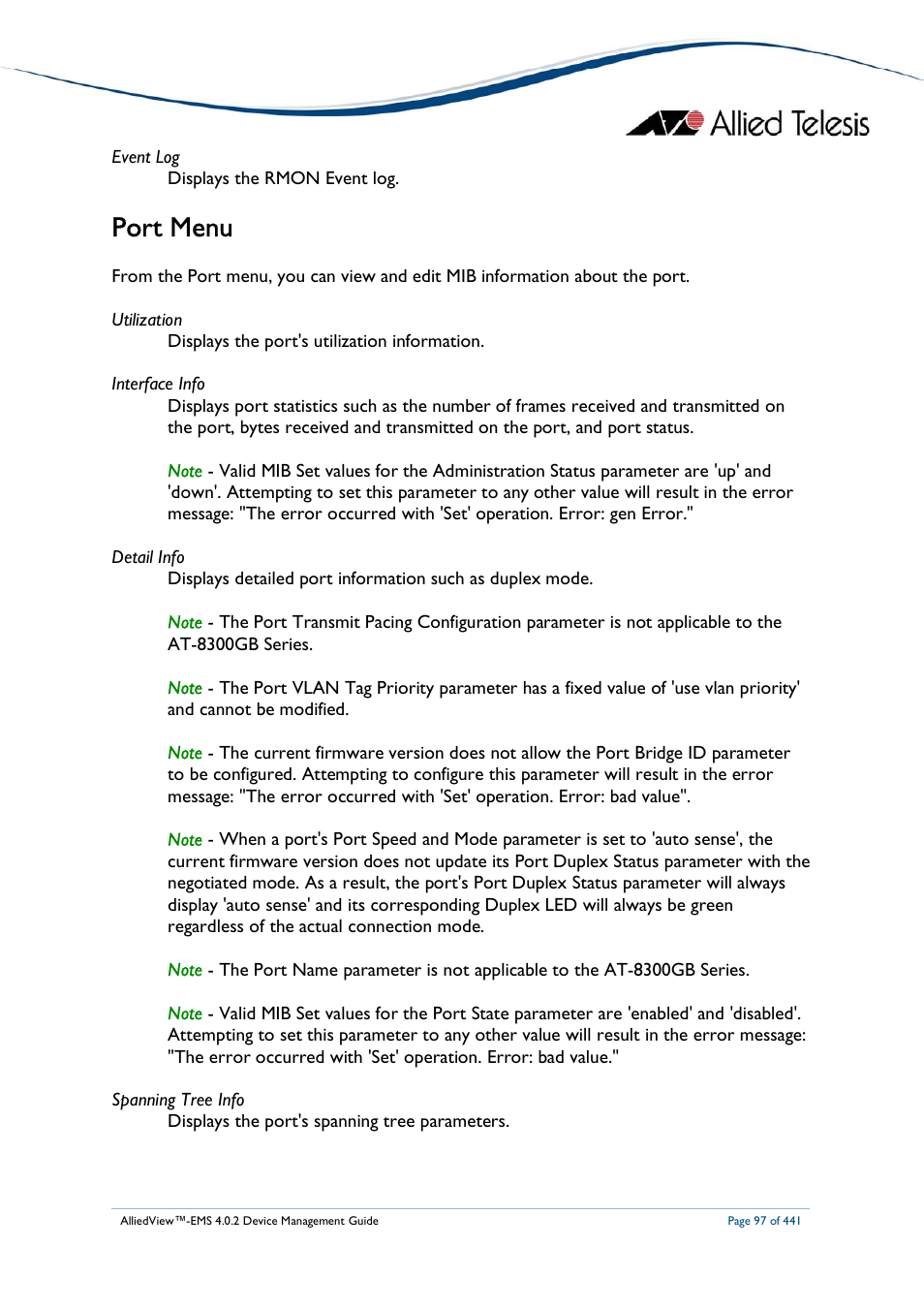Port menu | Allied Telesis AlliedView-EMS 4.0.2 Device-Manager User Manual | Page 97 / 441
