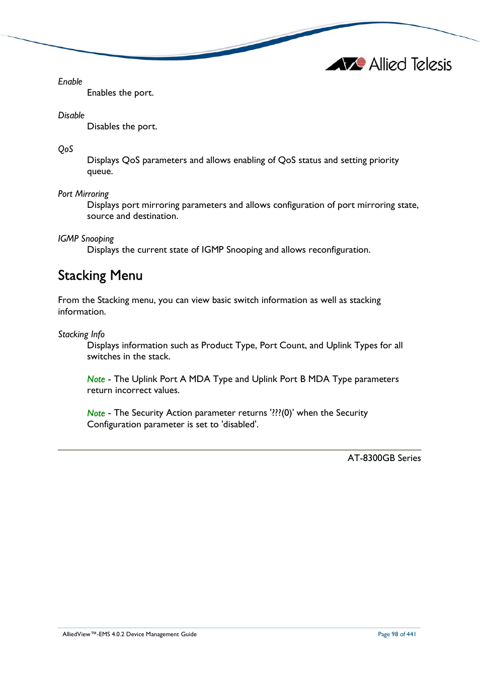 Stacking menu | Allied Telesis AlliedView-EMS 4.0.2 Device-Manager User Manual | Page 98 / 441