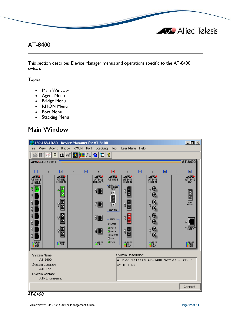 Main window, At-8400 | Allied Telesis AlliedView-EMS 4.0.2 Device-Manager User Manual | Page 99 / 441