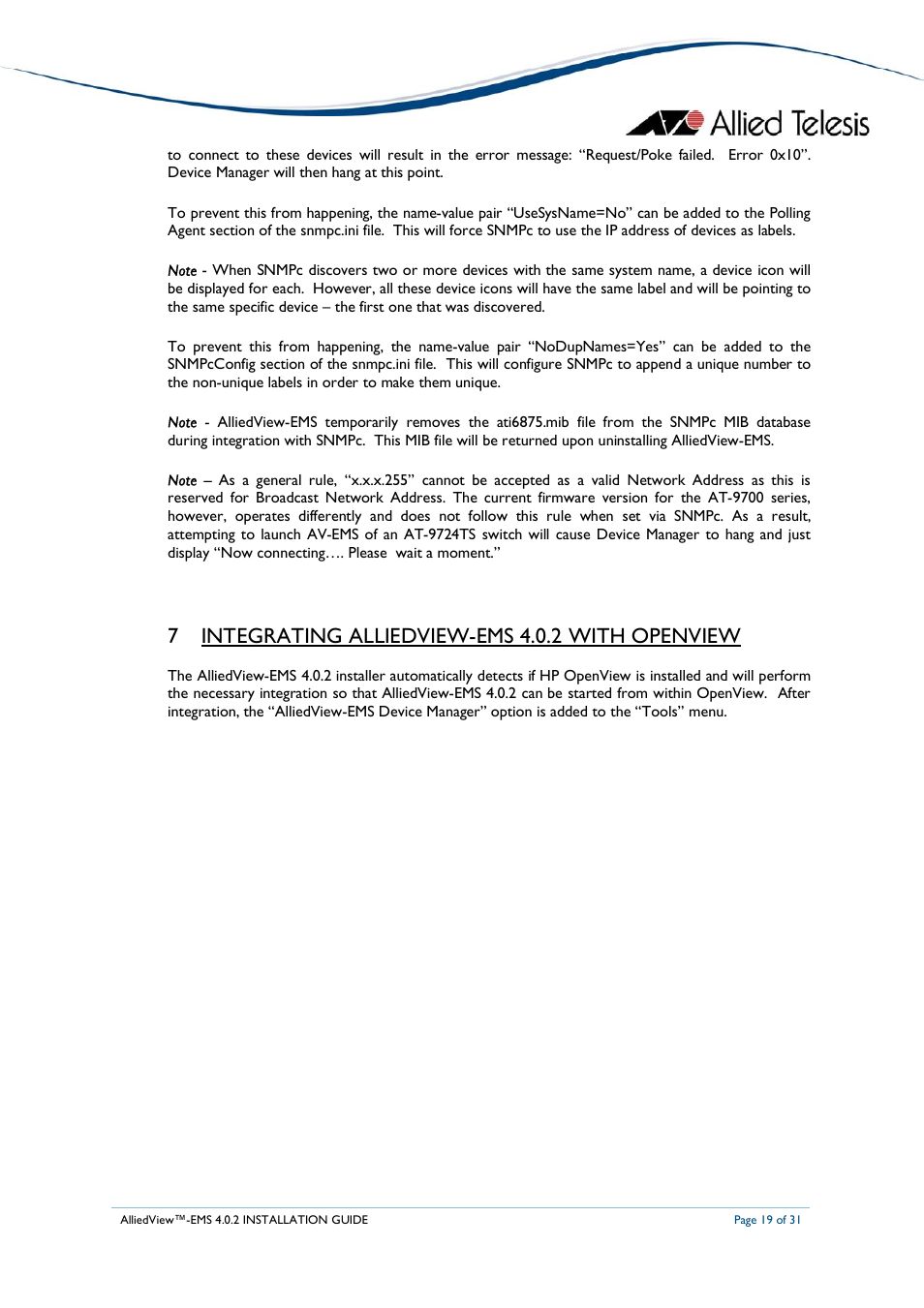 7 integrating alliedview-ems 4.0.2 with openview | Allied Telesis AlliedView-EMS 4.0.2 INSTALLATION User Manual | Page 19 / 31