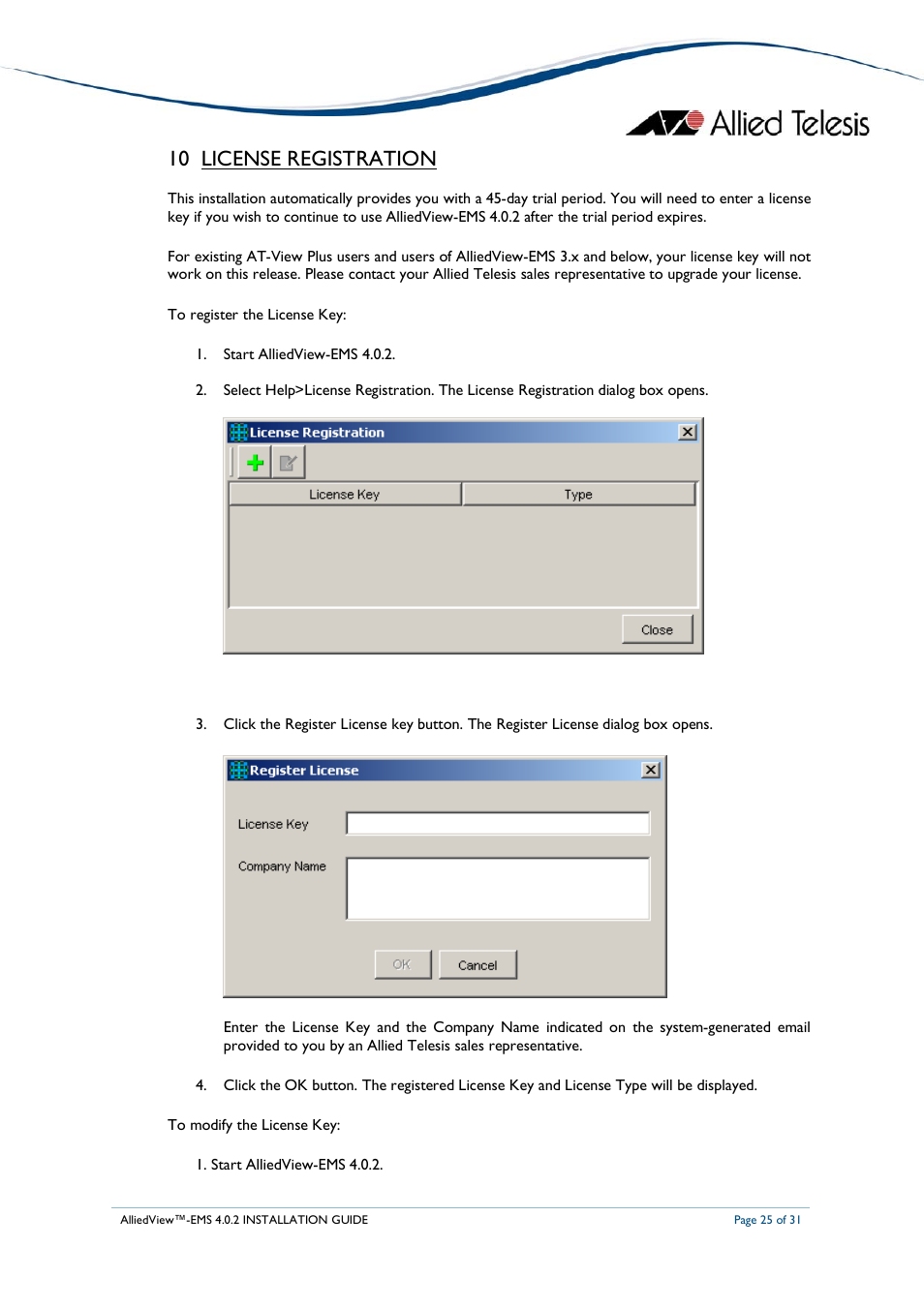 10 license registration | Allied Telesis AlliedView-EMS 4.0.2 INSTALLATION User Manual | Page 25 / 31