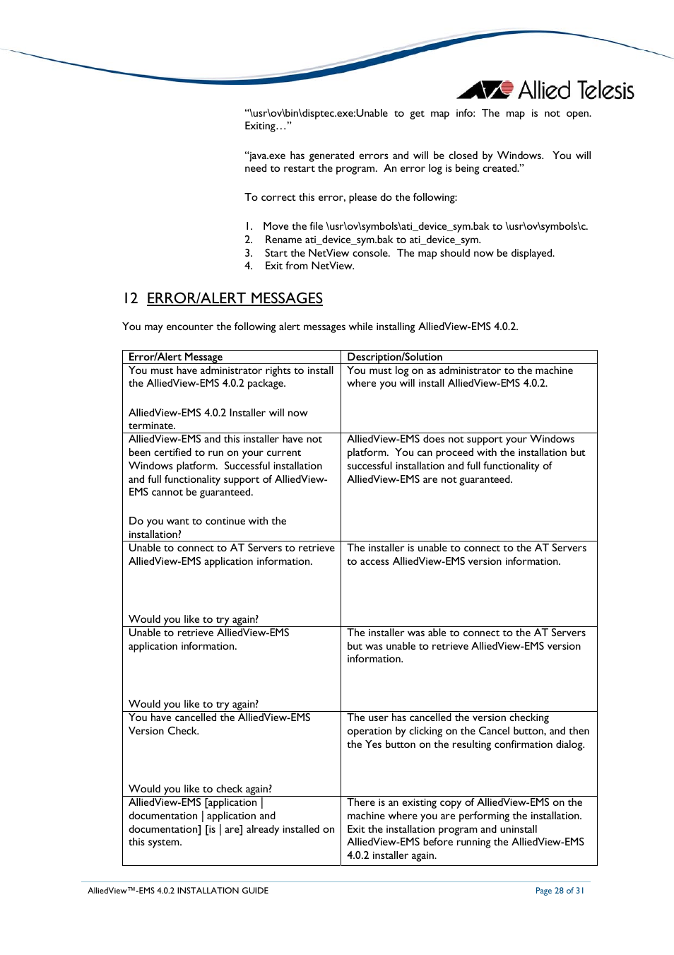 12 error/alert messages | Allied Telesis AlliedView-EMS 4.0.2 INSTALLATION User Manual | Page 28 / 31