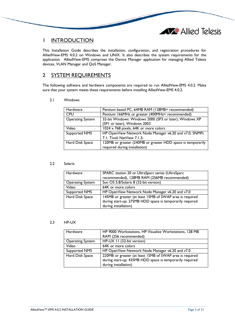 1 introduction, 2 system requirements | Allied Telesis AlliedView-EMS 4.0.2 INSTALLATION User Manual | Page 3 / 31