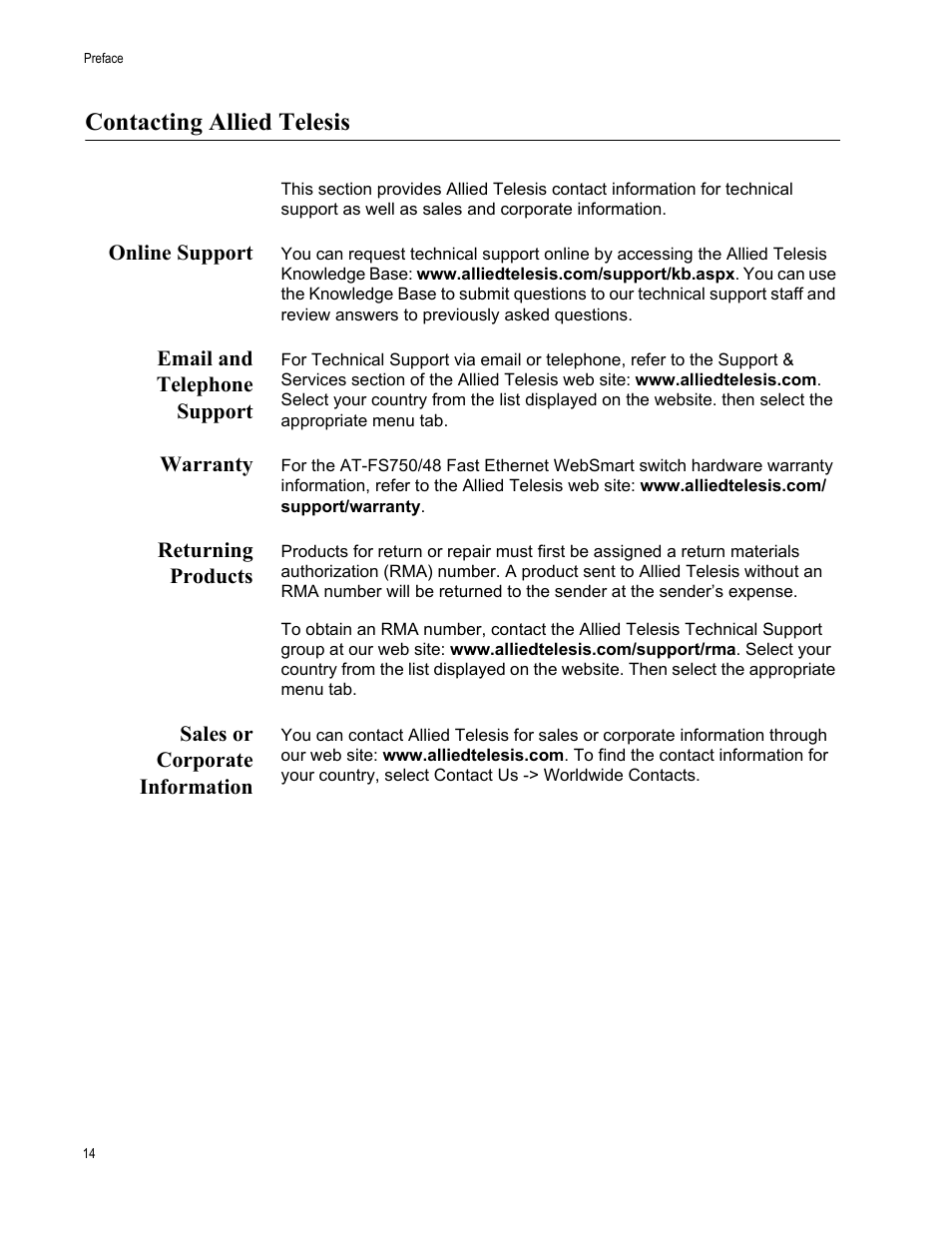 Contacting allied telesis, Online support, Email and telephone support | Warranty, Returning products, Sales or corporate information | Allied Telesis AT-FS750/48 User Manual | Page 14 / 62