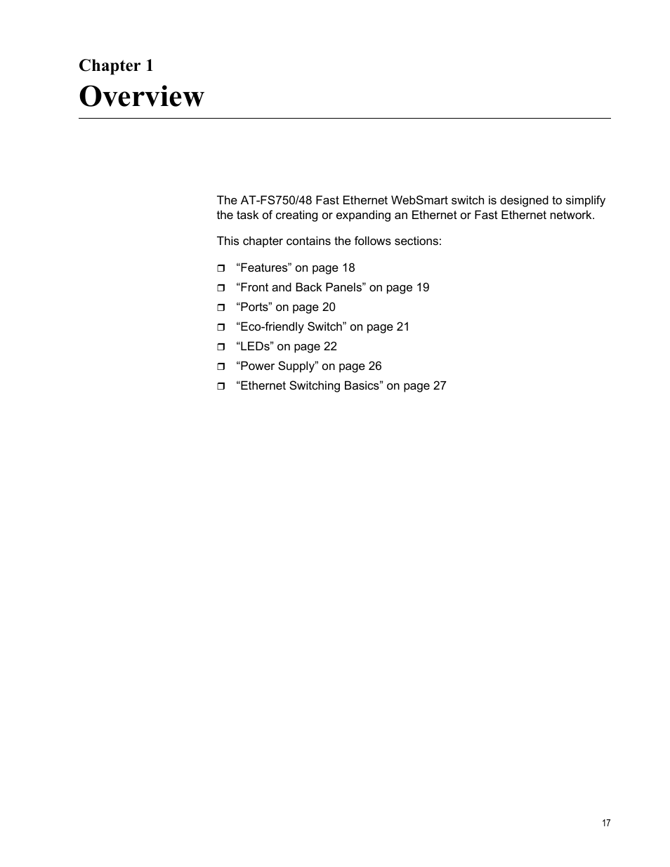 Chapter 1, Overview | Allied Telesis AT-FS750/48 User Manual | Page 17 / 62