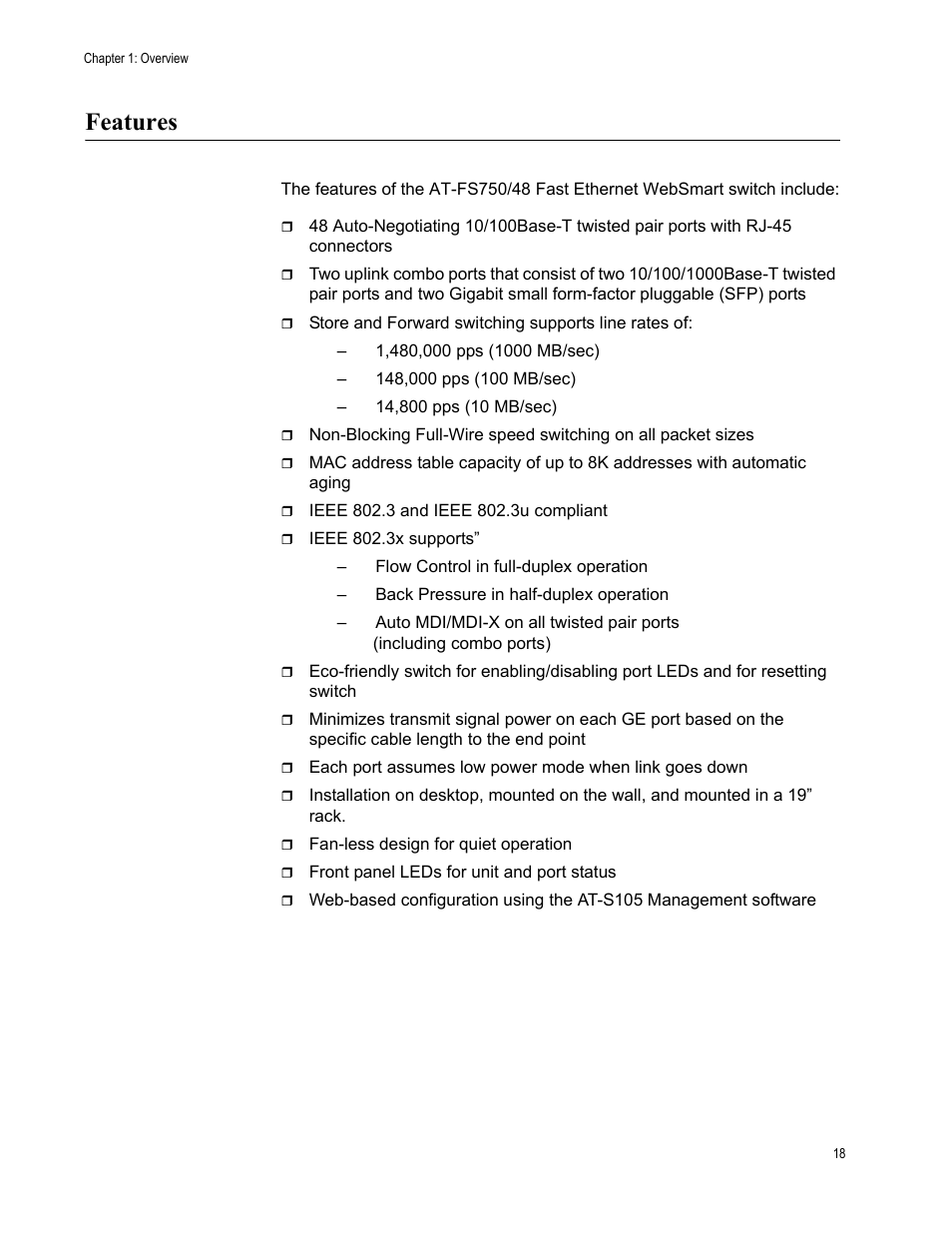 Features | Allied Telesis AT-FS750/48 User Manual | Page 18 / 62