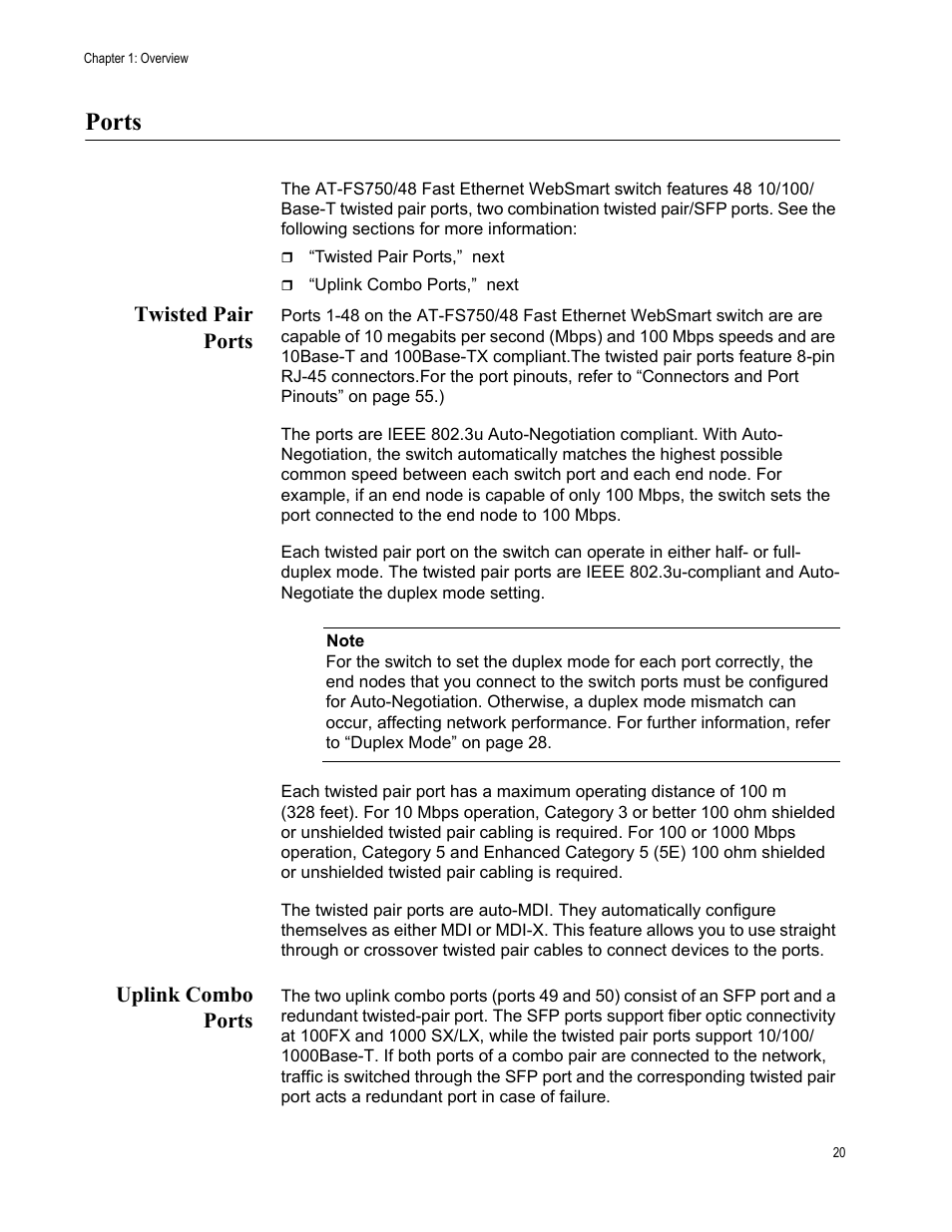 Ports, Twisted pair ports, Uplink combo ports | Twisted pair ports uplink combo ports | Allied Telesis AT-FS750/48 User Manual | Page 20 / 62