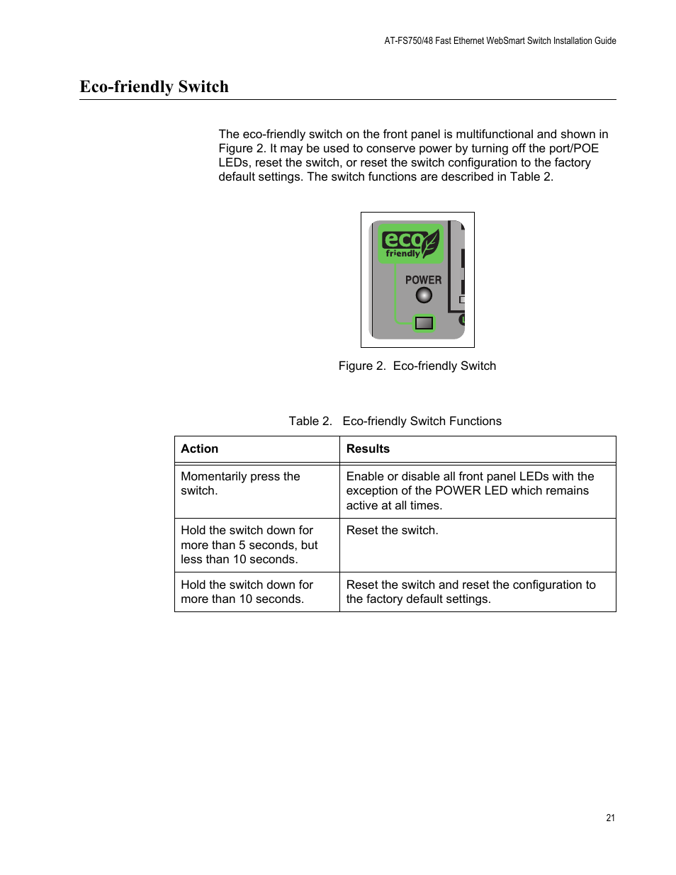 Eco-friendly switch, Figure 2. eco-friendly switch, Table 2. eco-friendly switch functions | Allied Telesis AT-FS750/48 User Manual | Page 21 / 62