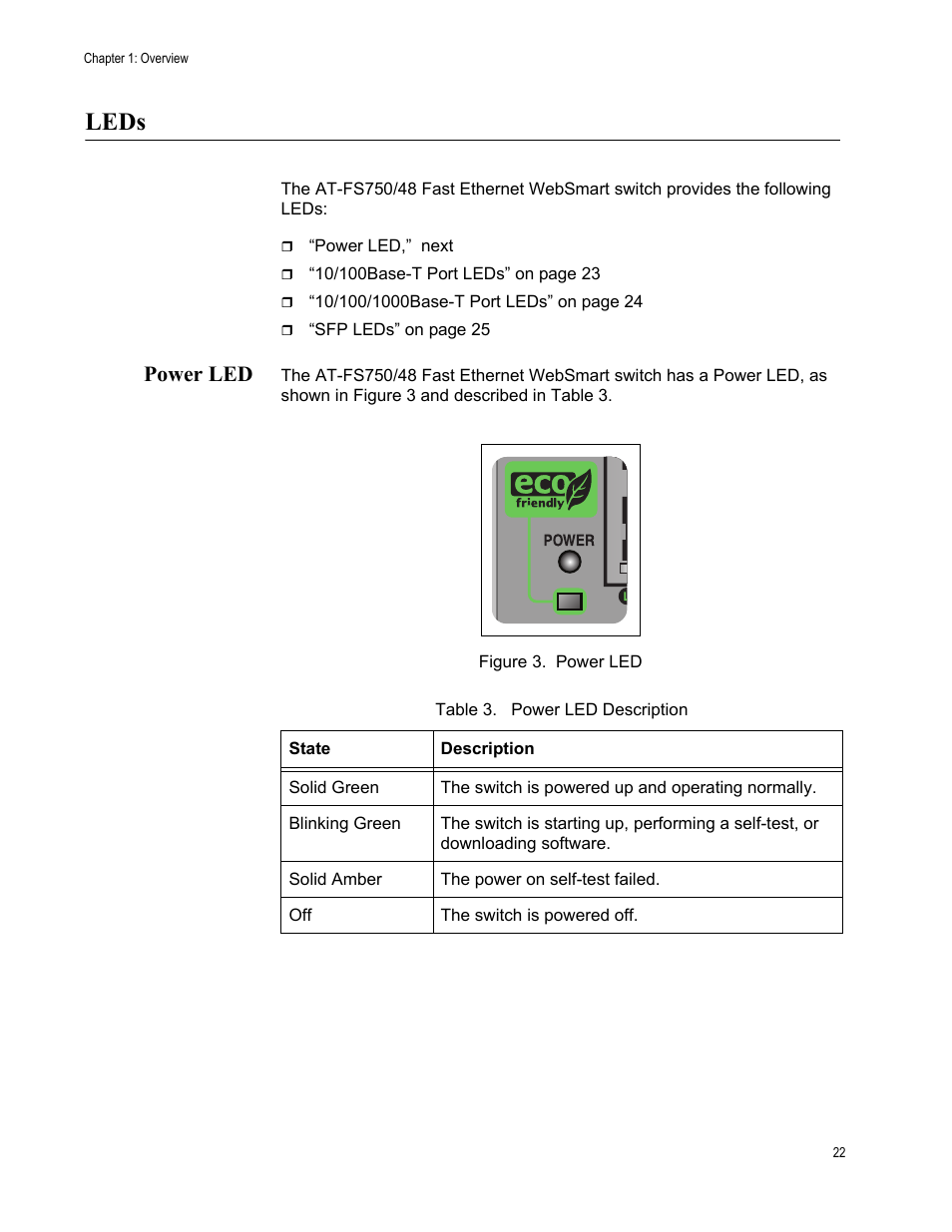 Leds, Power led, Figure 3. power led | Table 3. power led description | Allied Telesis AT-FS750/48 User Manual | Page 22 / 62