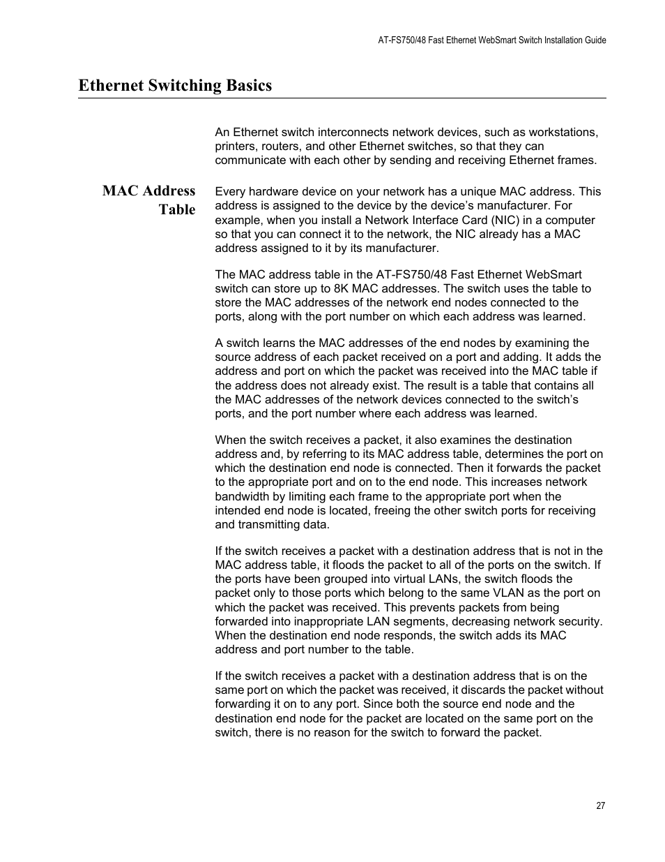 Ethernet switching basics, Mac address table | Allied Telesis AT-FS750/48 User Manual | Page 27 / 62