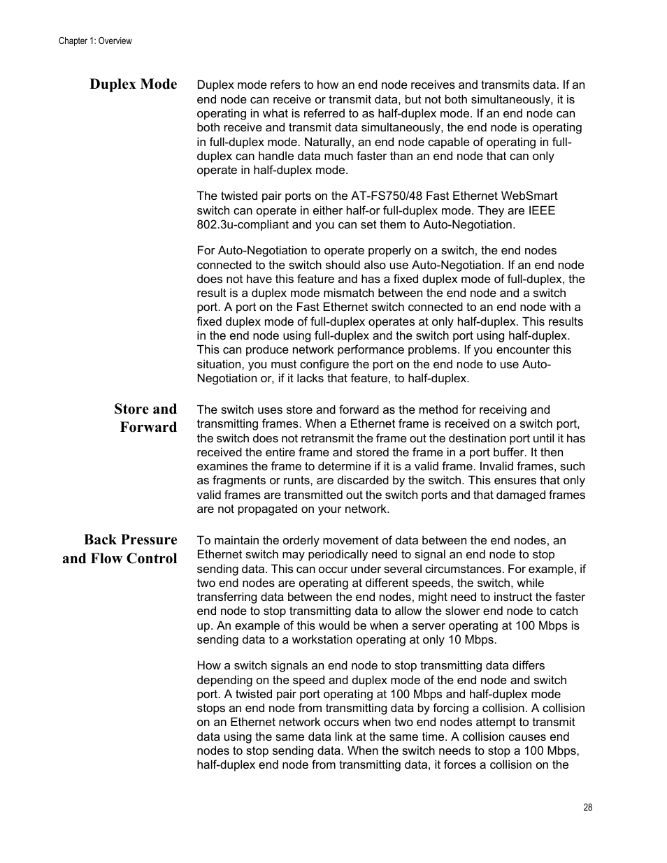 Duplex mode, Store and forward, Back pressure and flow control | Allied Telesis AT-FS750/48 User Manual | Page 28 / 62
