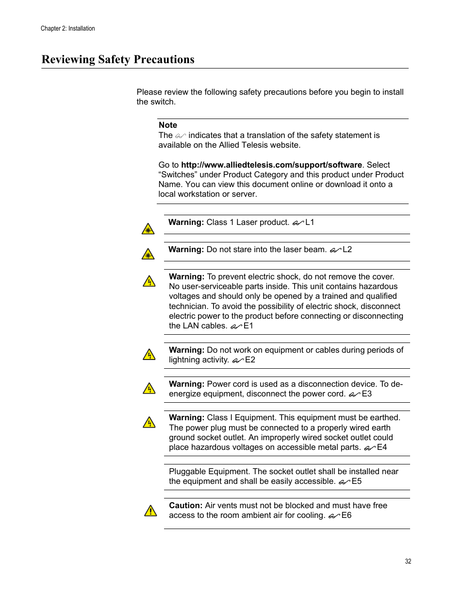 Reviewing safety precautions | Allied Telesis AT-FS750/48 User Manual | Page 32 / 62