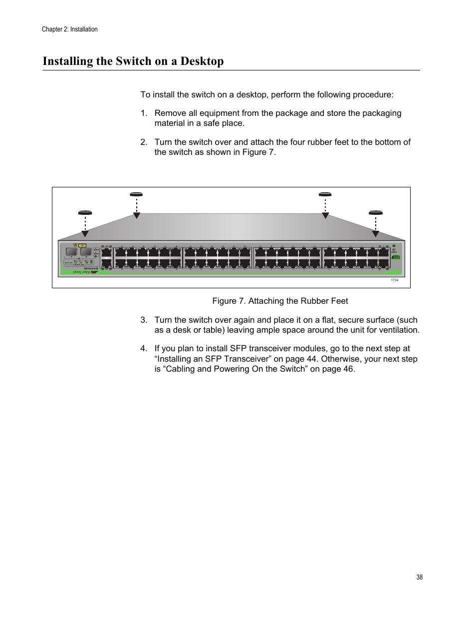 Installing the switch on a desktop, Figure 7. attaching the rubber feet | Allied Telesis AT-FS750/48 User Manual | Page 38 / 62