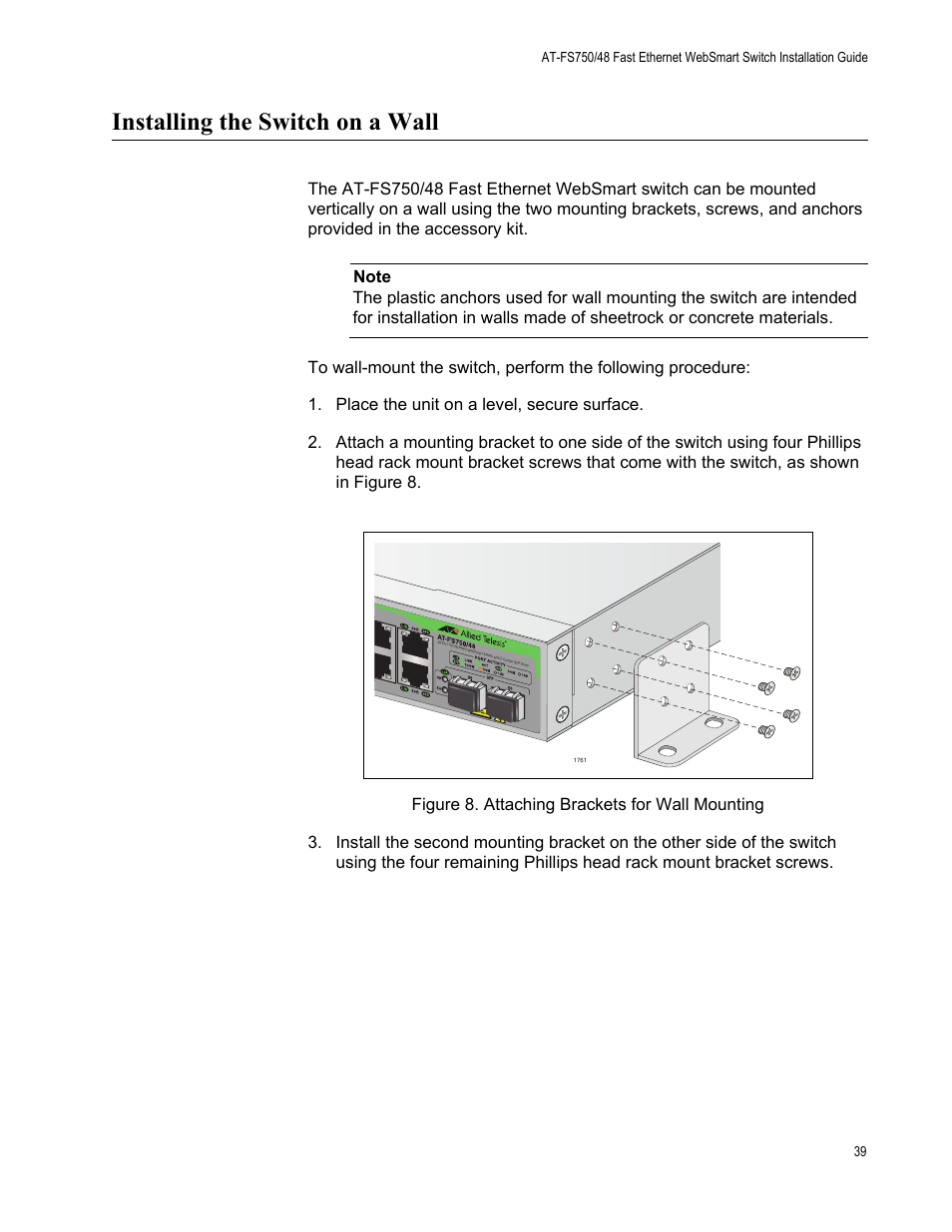 Installing the switch on a wall, Figure 8. attaching brackets for wall mounting | Allied Telesis AT-FS750/48 User Manual | Page 39 / 62