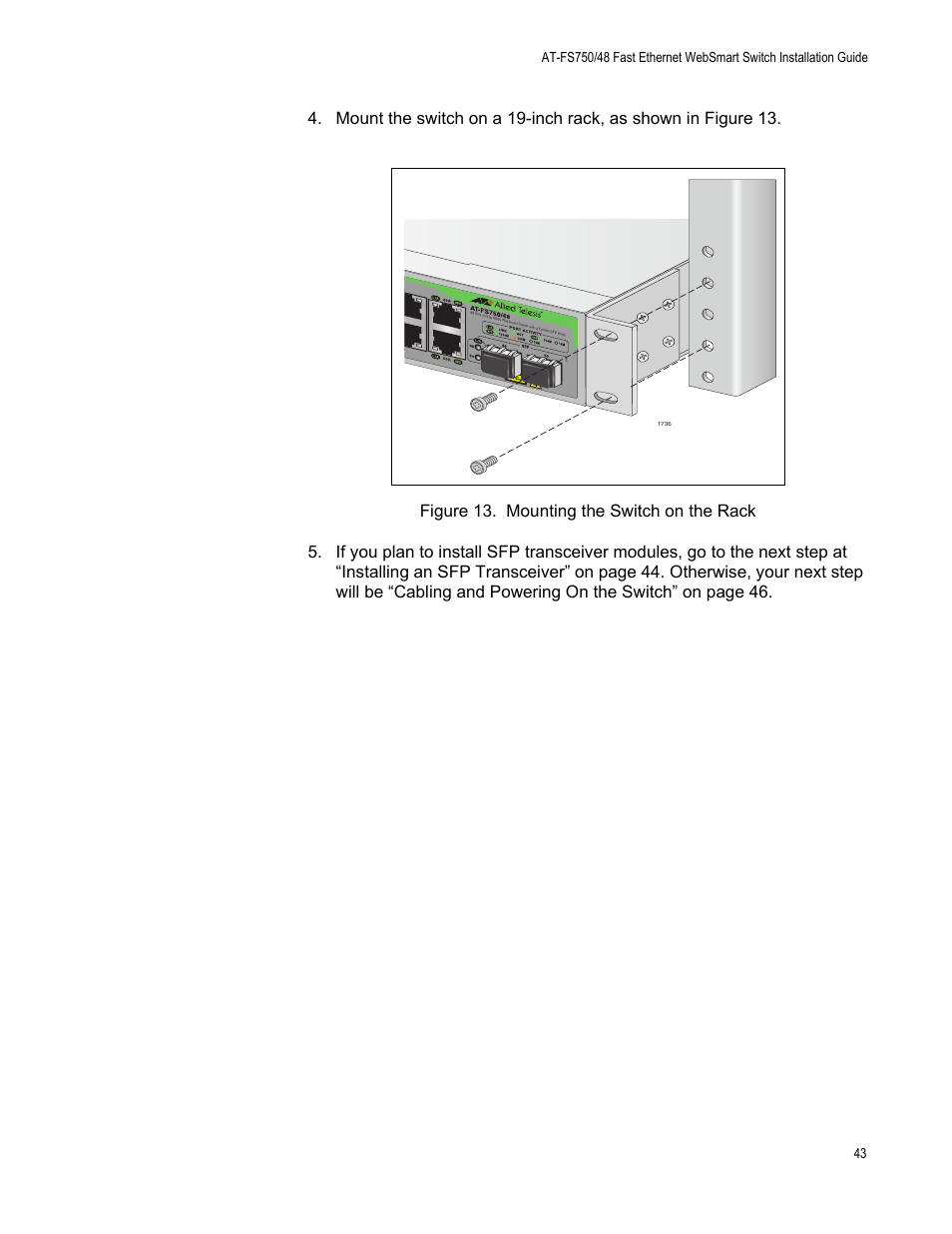 Figure 13. mounting the switch on the rack | Allied Telesis AT-FS750/48 User Manual | Page 43 / 62