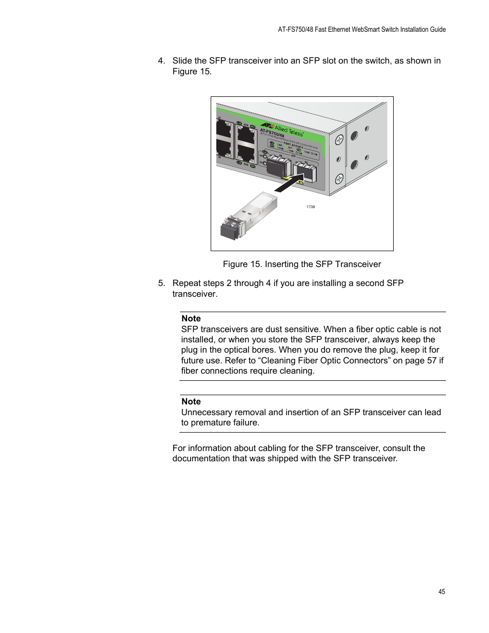 Figure 15. inserting the sfp transceiver | Allied Telesis AT-FS750/48 User Manual | Page 45 / 62