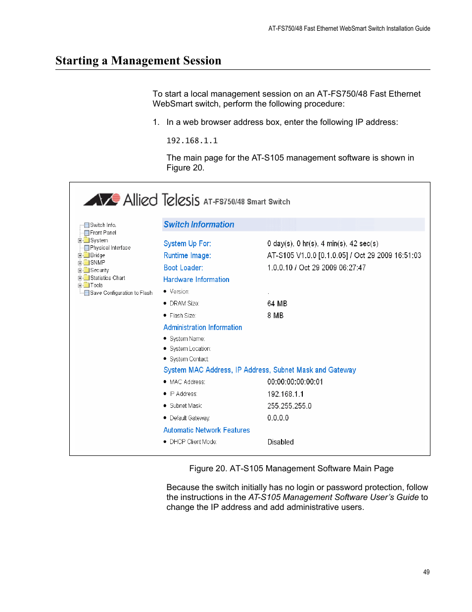 Starting a management session | Allied Telesis AT-FS750/48 User Manual | Page 49 / 62