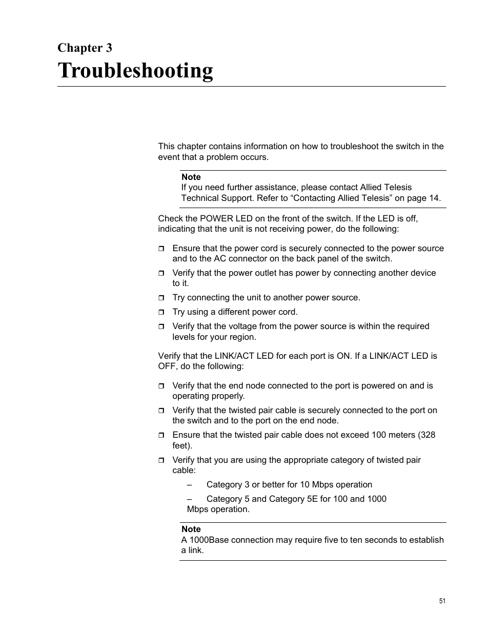 Chapter 3, Troubleshooting | Allied Telesis AT-FS750/48 User Manual | Page 51 / 62