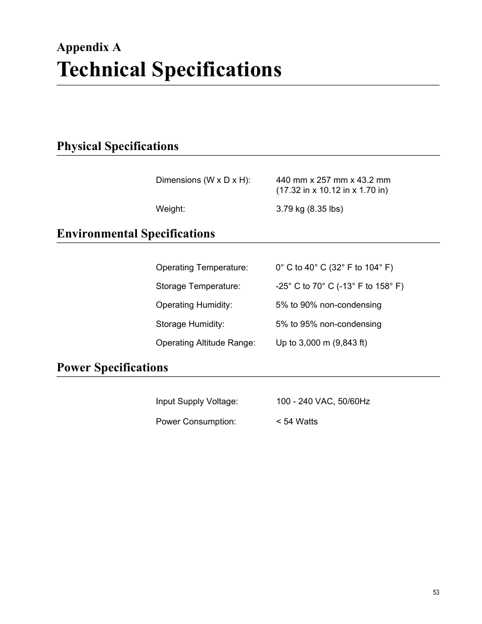 Appendix a, Technical specifications, Physical specifications | Environmental specifications, Power specifications, Appendix a: technical specifications | Allied Telesis AT-FS750/48 User Manual | Page 53 / 62
