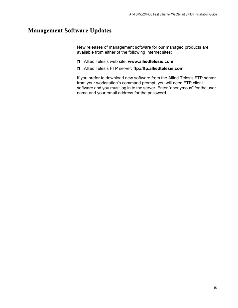 Management software updates | Allied Telesis AT-FS750/24POE User Manual | Page 15 / 64