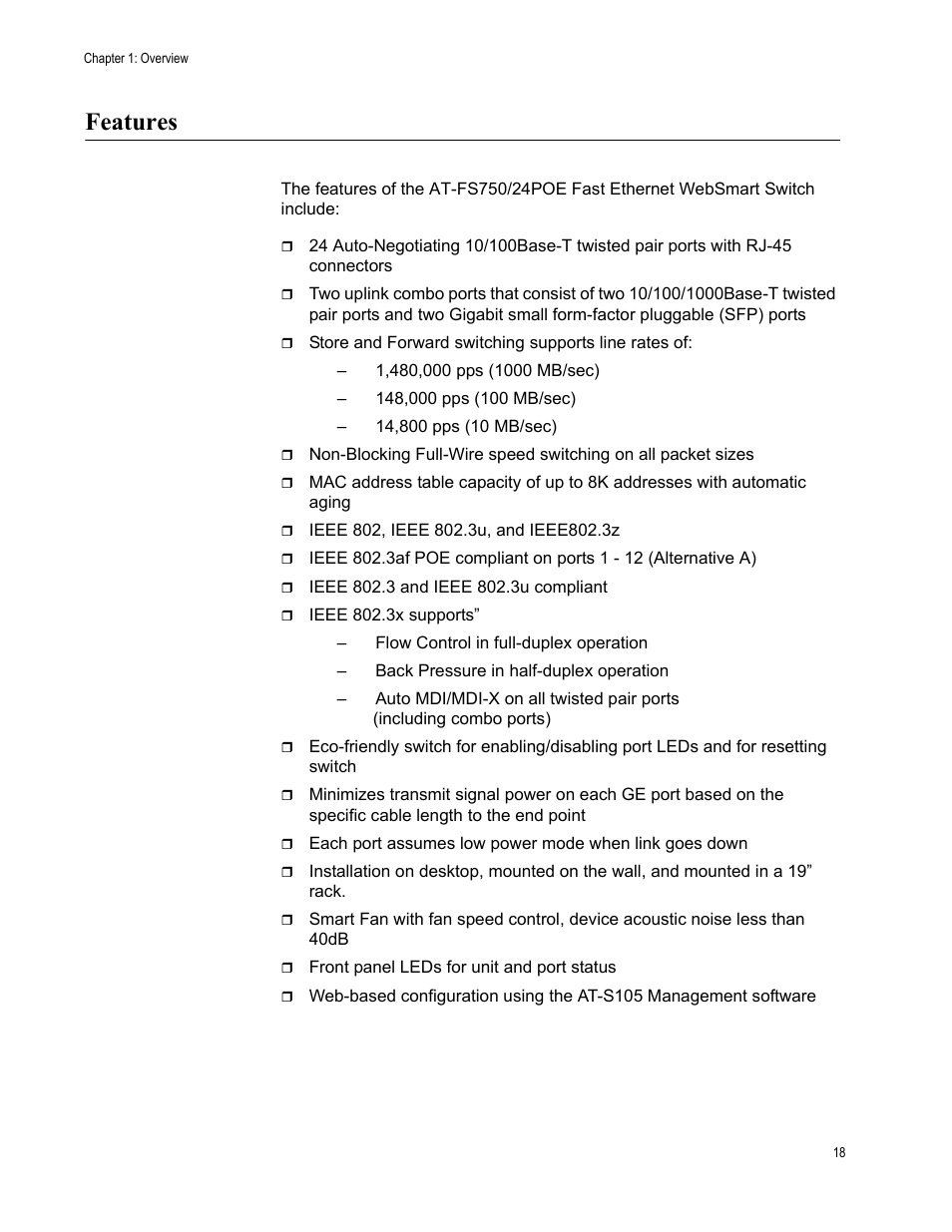 Features | Allied Telesis AT-FS750/24POE User Manual | Page 18 / 64