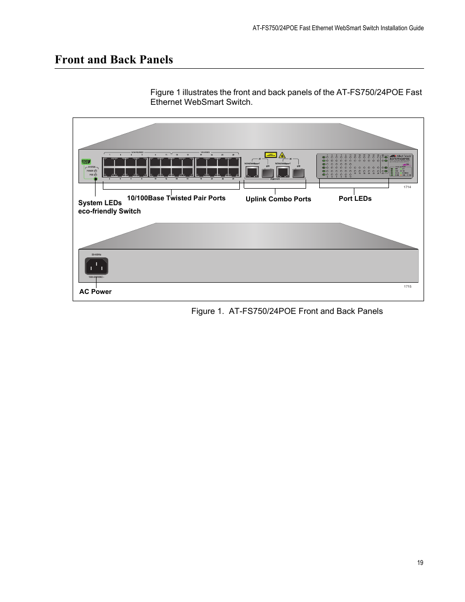 Front and back panels, Figure 1: at-fs750/24poe front and back panels | Allied Telesis AT-FS750/24POE User Manual | Page 19 / 64