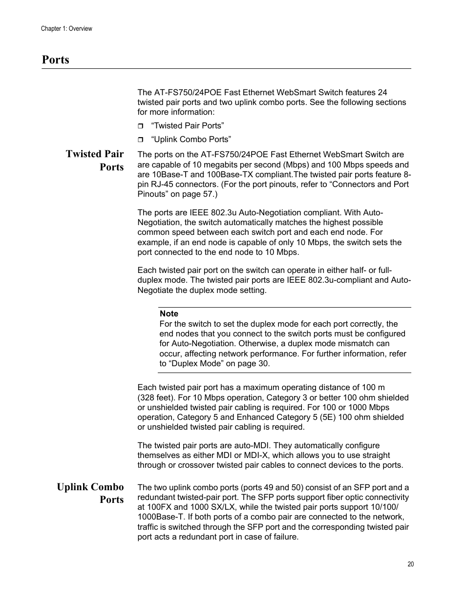 Ports, Twisted pair ports, Uplink combo ports | Twisted pair ports uplink combo ports | Allied Telesis AT-FS750/24POE User Manual | Page 20 / 64