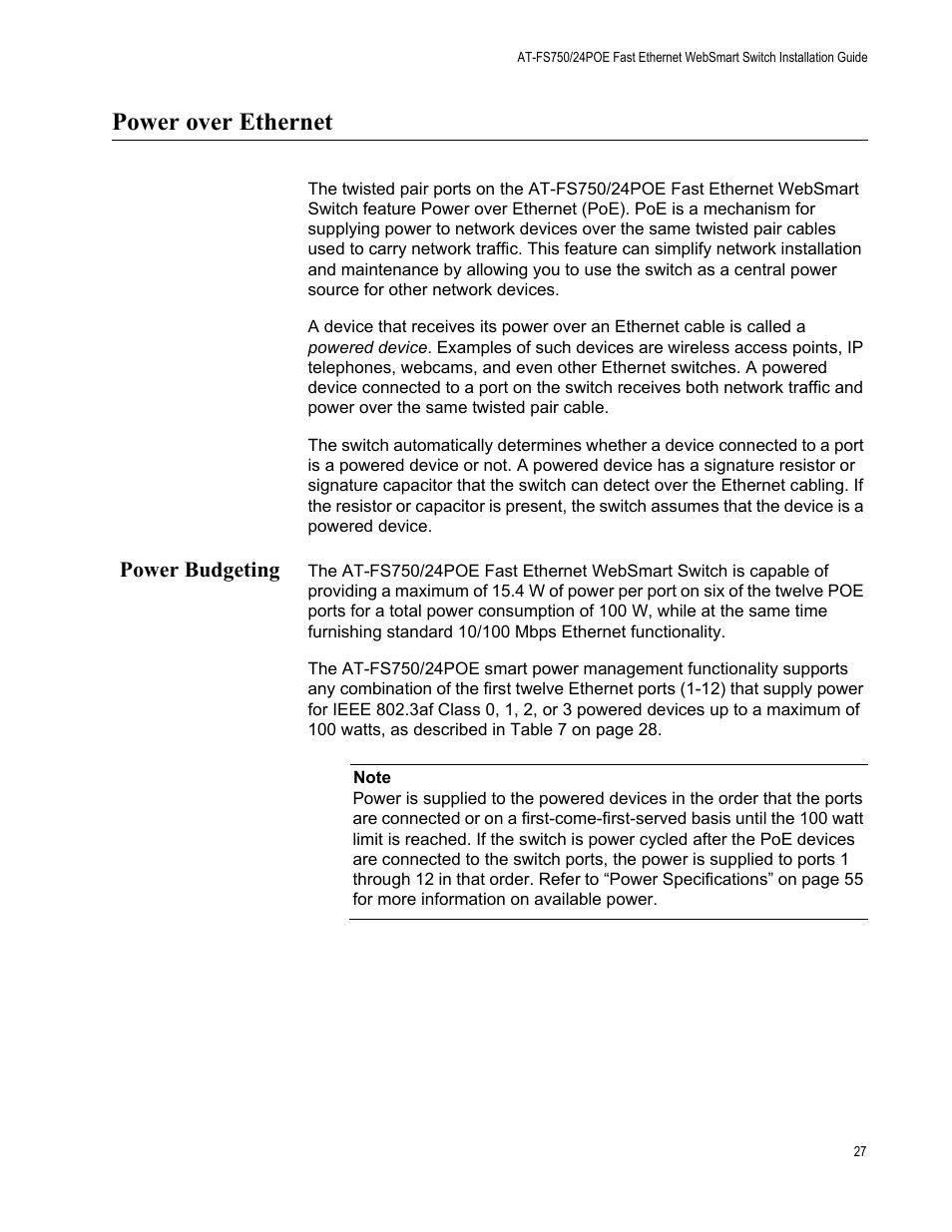 Power over ethernet, Power budgeting | Allied Telesis AT-FS750/24POE User Manual | Page 27 / 64