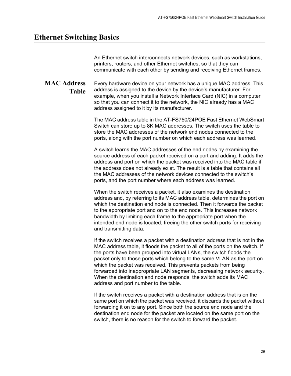 Ethernet switching basics, Mac address table | Allied Telesis AT-FS750/24POE User Manual | Page 29 / 64