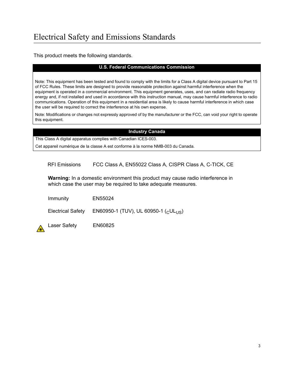 Electrical safety and emissions standards | Allied Telesis AT-FS750/24POE User Manual | Page 3 / 64
