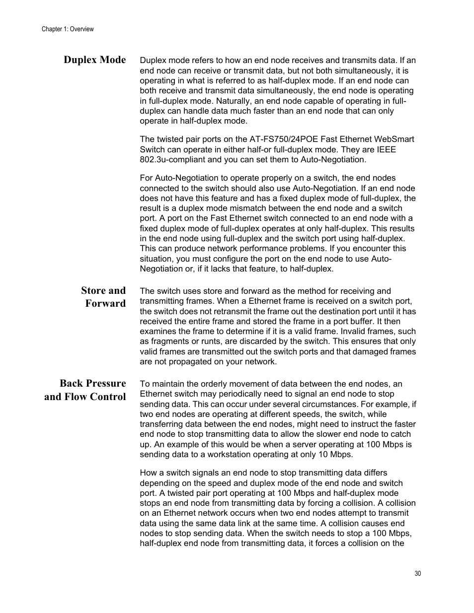 Duplex mode, Store and forward, Back pressure and flow control | Allied Telesis AT-FS750/24POE User Manual | Page 30 / 64