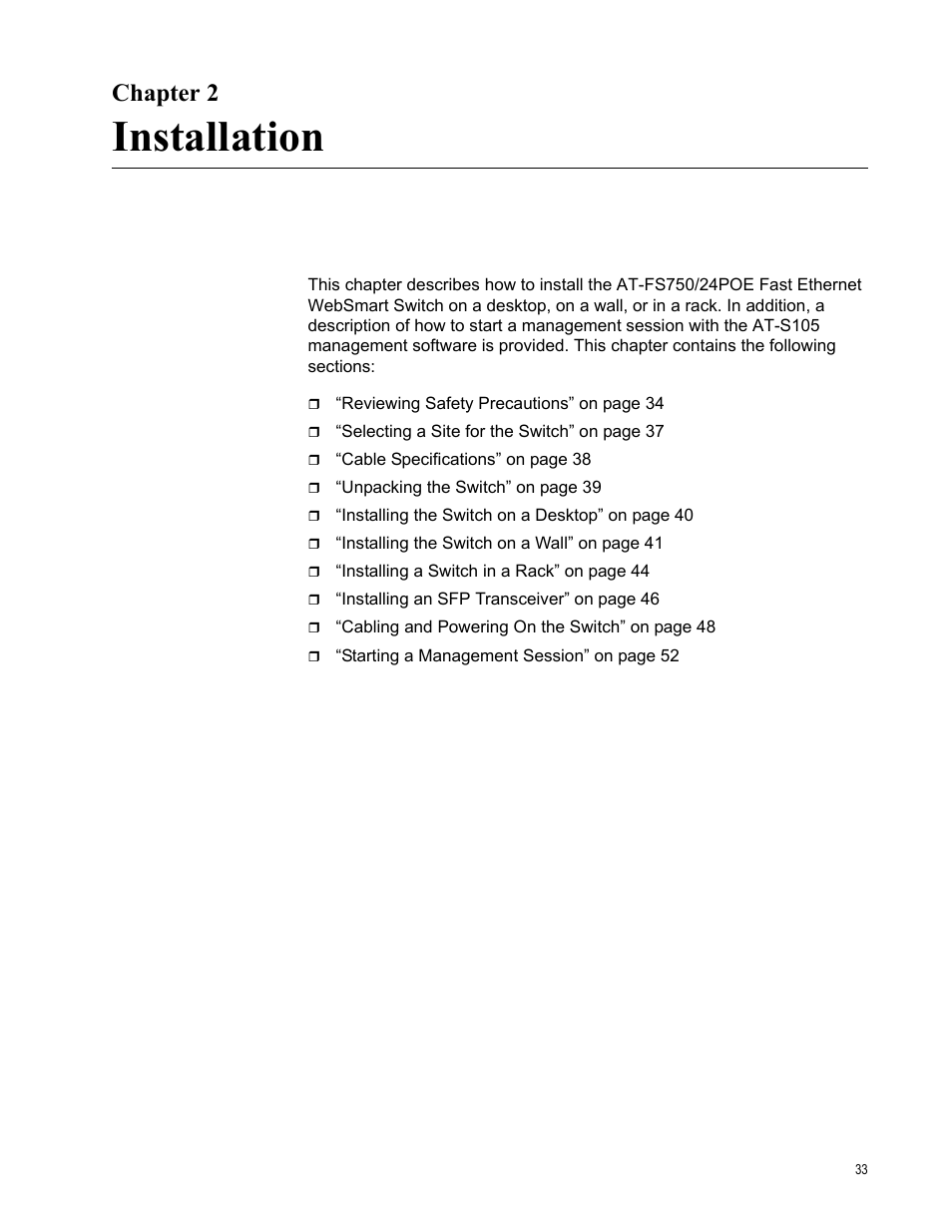 Chapter 2, Installation, R 2: installation | Allied Telesis AT-FS750/24POE User Manual | Page 33 / 64