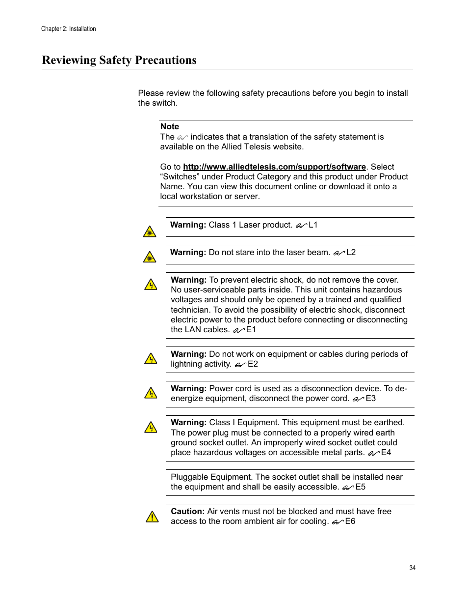 Reviewing safety precautions | Allied Telesis AT-FS750/24POE User Manual | Page 34 / 64