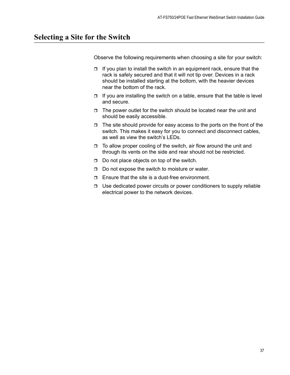 Selecting a site for the switch | Allied Telesis AT-FS750/24POE User Manual | Page 37 / 64
