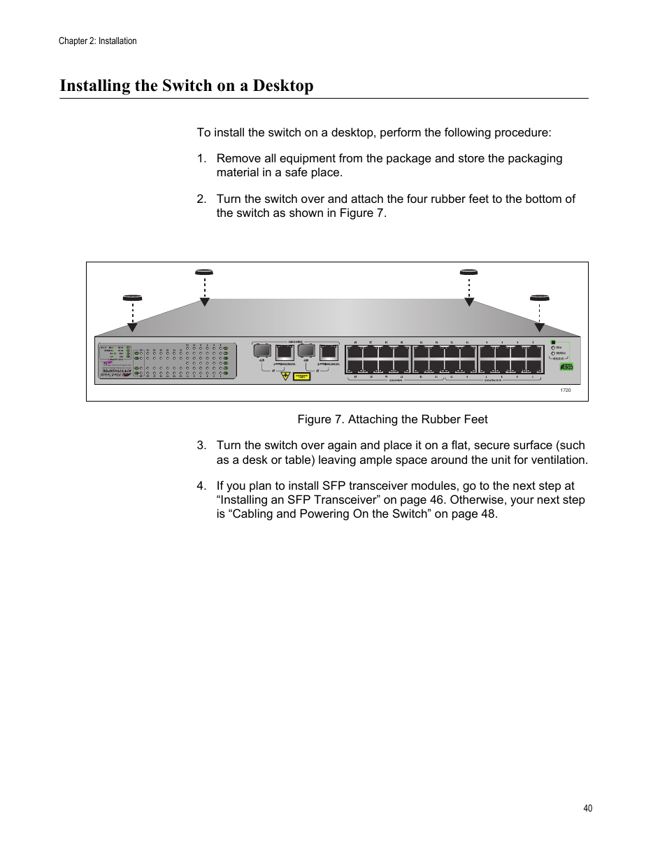 Installing the switch on a desktop, Figure 7: attaching the rubber feet | Allied Telesis AT-FS750/24POE User Manual | Page 40 / 64