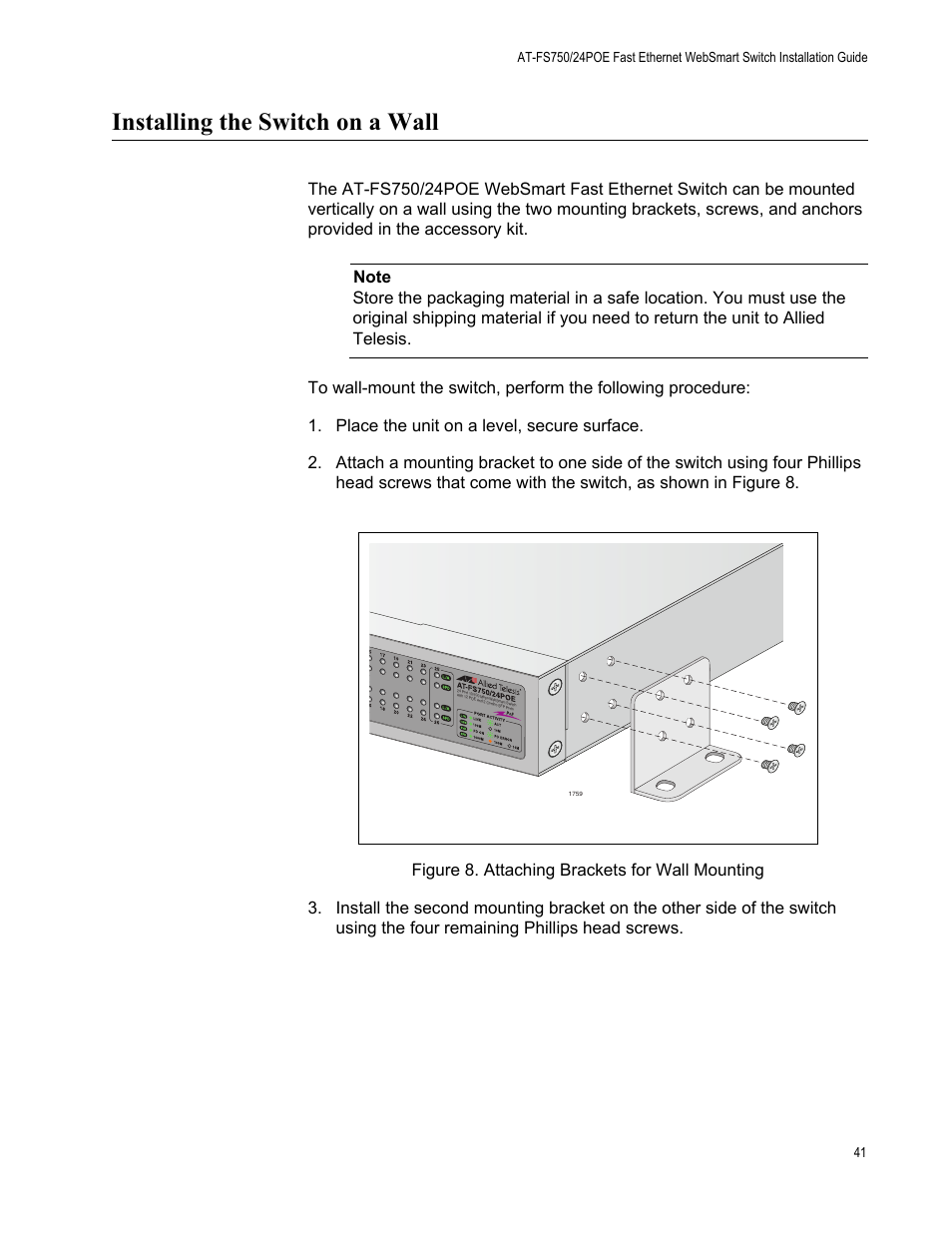 Installing the switch on a wall, Figure 8: attaching brackets for wall mounting | Allied Telesis AT-FS750/24POE User Manual | Page 41 / 64