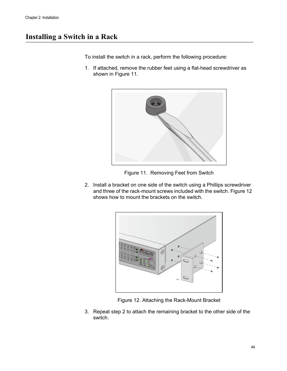Installing a switch in a rack | Allied Telesis AT-FS750/24POE User Manual | Page 44 / 64