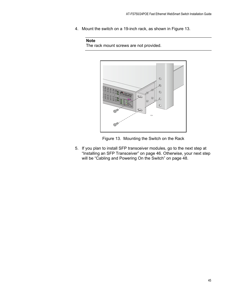 Figure 13: mounting the switch on the rack | Allied Telesis AT-FS750/24POE User Manual | Page 45 / 64