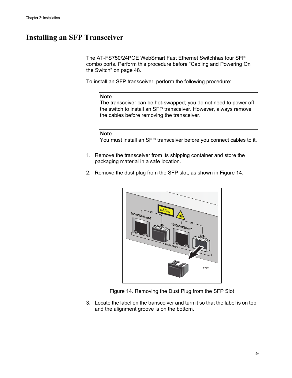 Installing an sfp transceiver, Dules, go to “installing an sfp | Allied Telesis AT-FS750/24POE User Manual | Page 46 / 64