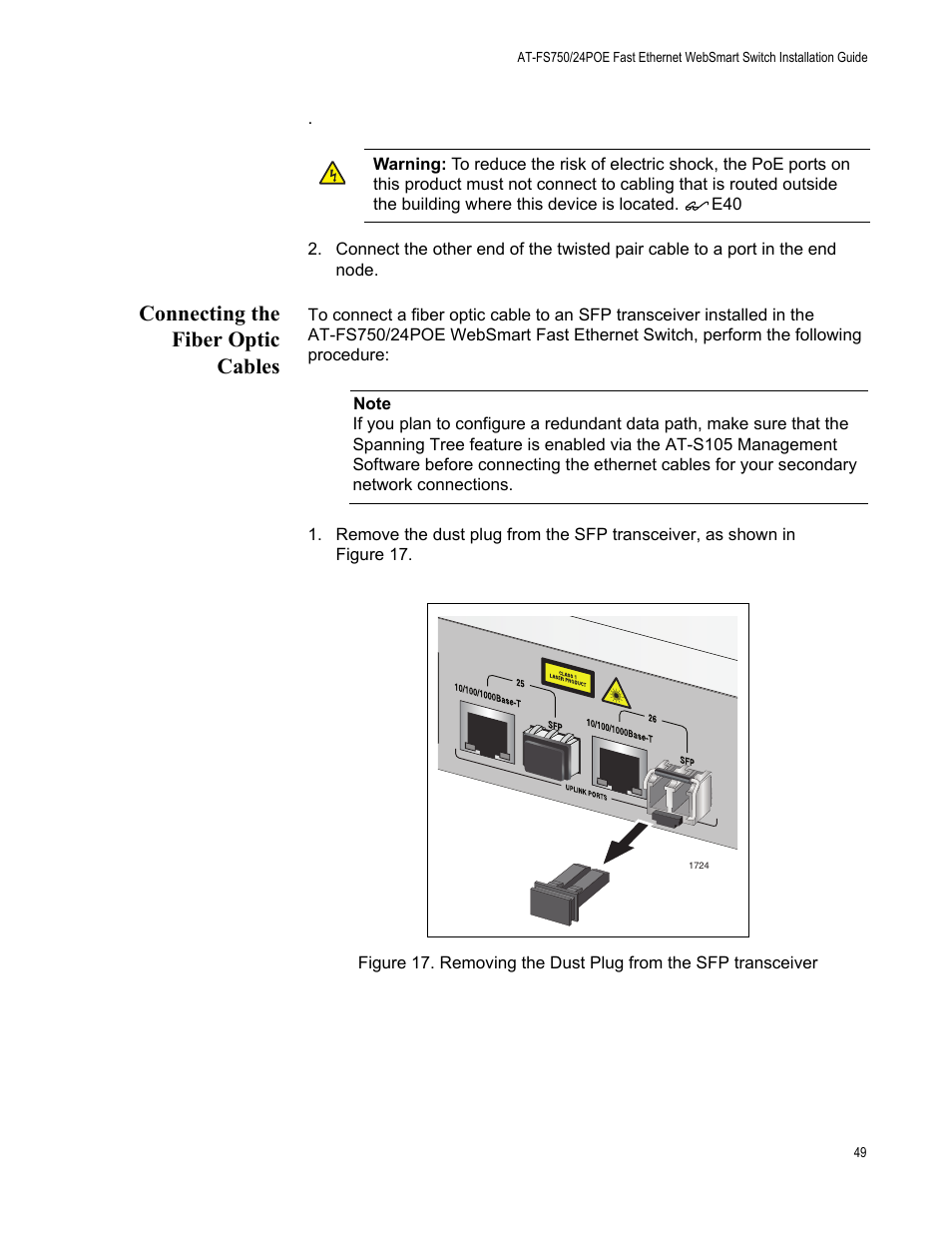 Connecting the fiber optic cables | Allied Telesis AT-FS750/24POE User Manual | Page 49 / 64