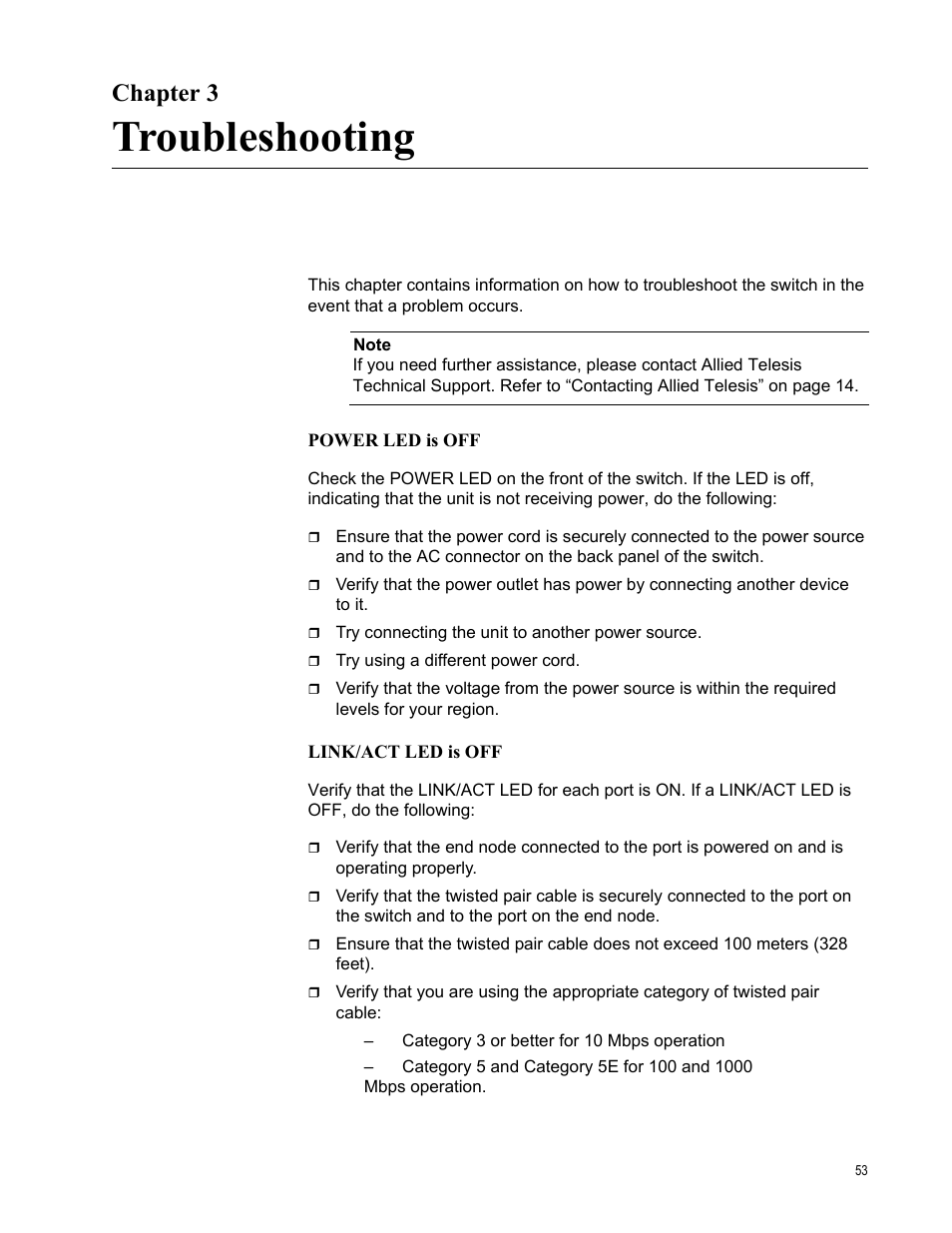 Chapter 3, Troubleshooting, R 3: troubleshooting | Allied Telesis AT-FS750/24POE User Manual | Page 53 / 64