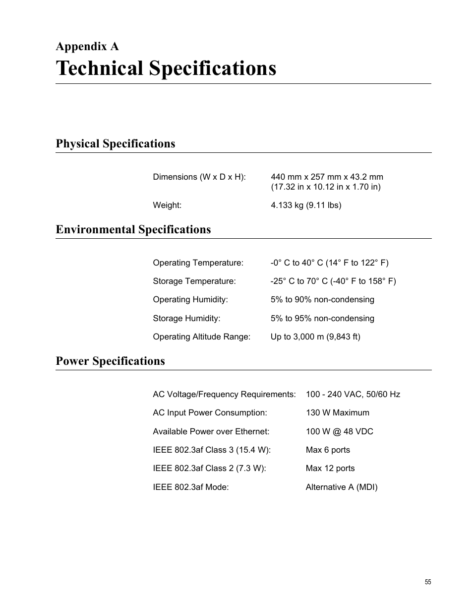 Appendix a, Technical specifications, Physical specifications | Environmental specifications, Power specifications, Appendix a: technical specifications | Allied Telesis AT-FS750/24POE User Manual | Page 55 / 64