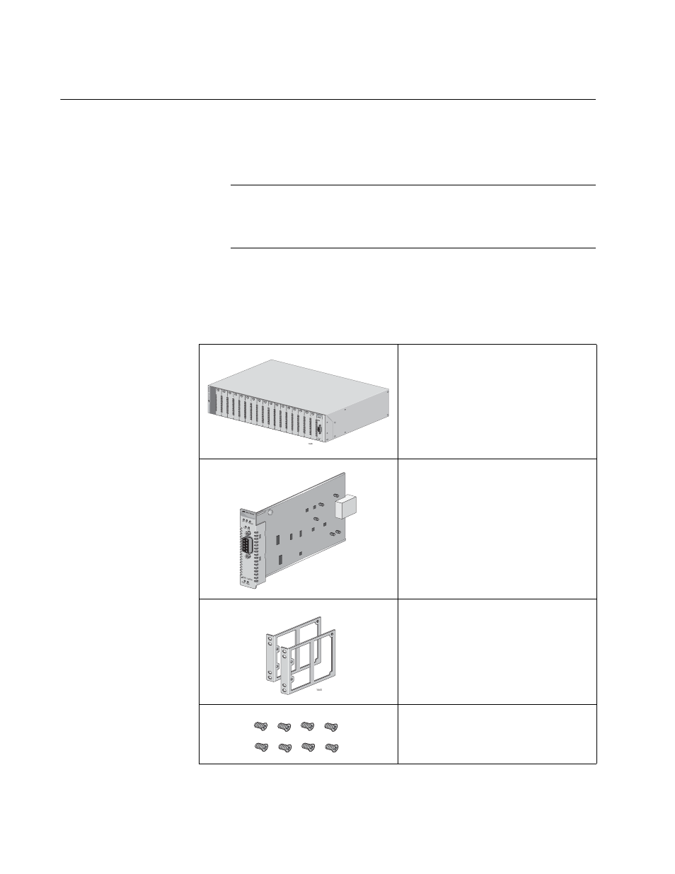 Unpacking the chassis, Table 3. at-cv5001 chassis components | Allied Telesis AT-CV5001 User Manual | Page 32 / 86